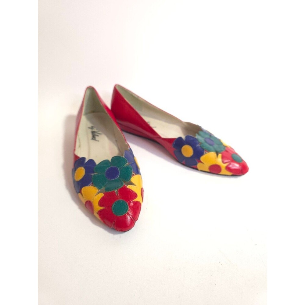 Vintage Aj Valenci Daisy appliqué Mod floral Leather Flats Size 7M 80s Art Shoes